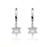 .925 Sterling Silver Jewish Chai Star Of David Cuban Link Huggie Hoop Earrings