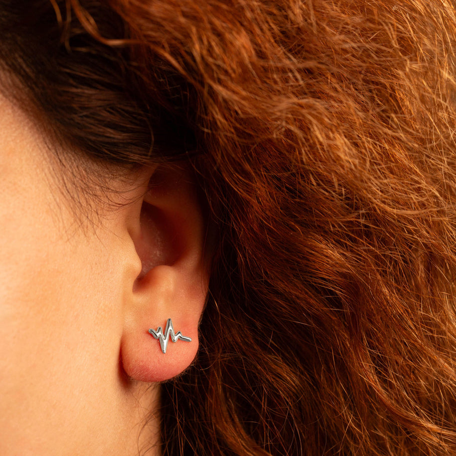 .925 Sterling Silver Heartbeat Pulse Milgrain Stud Earrings