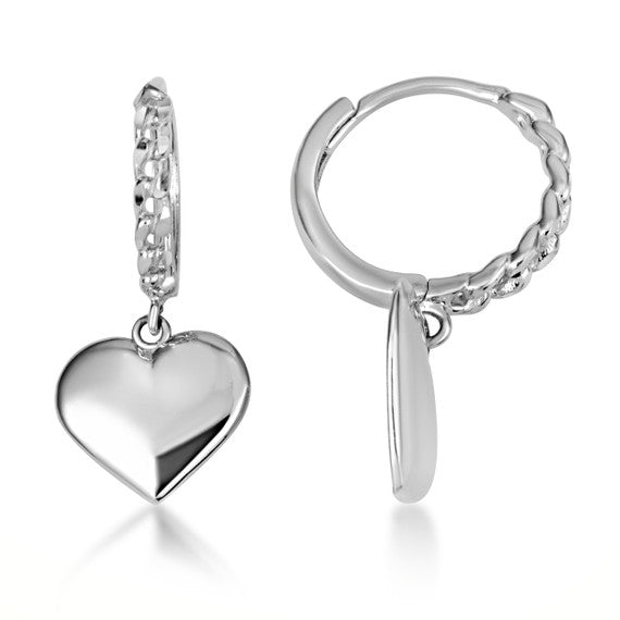 .925 Sterling Silver Heart Shape Love Cuban Link Huggie Hoop Earrings