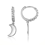 .925 Sterling Silver Crescent Moon Cuban Link Huggie Hoop Earrings