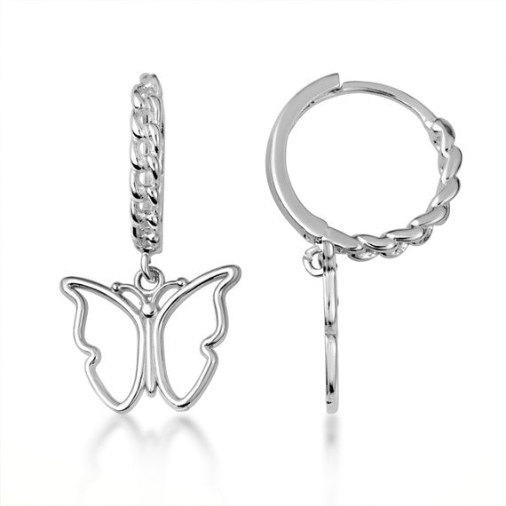.925 Sterling Silver Butterfly Nature Cuban Link Huggie Hoop Earrings