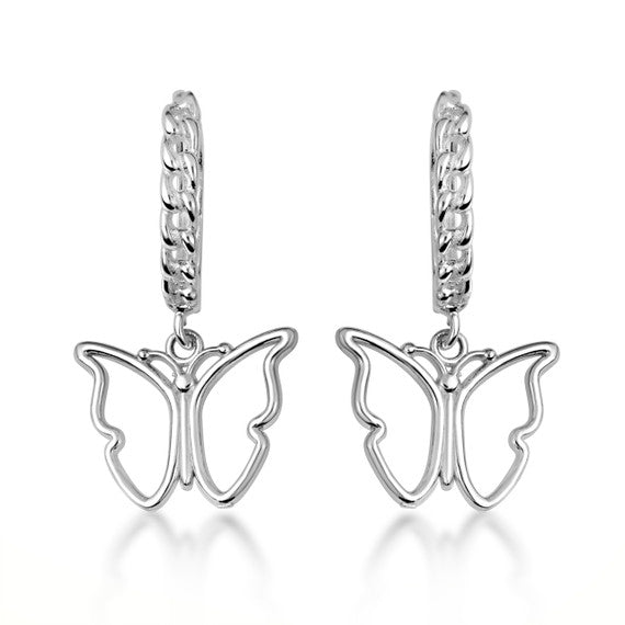.925 Sterling Silver Butterfly Nature Cuban Link Huggie Hoop Earrings