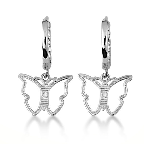 .925 Sterling Silver Butterfly Nature Cuban Link Huggie Hoop Earrings