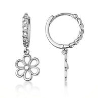 .925 Sterling Silver Daisy Flower Cuban Link Huggie Hoop Earrings