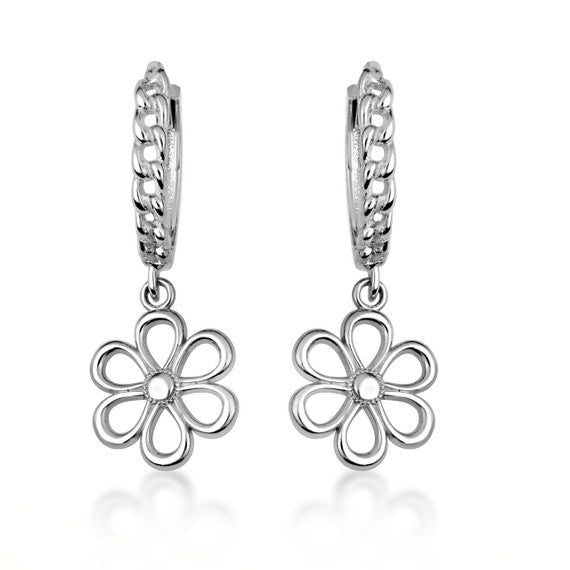 .925 Sterling Silver Daisy Flower Cuban Link Huggie Hoop Earrings