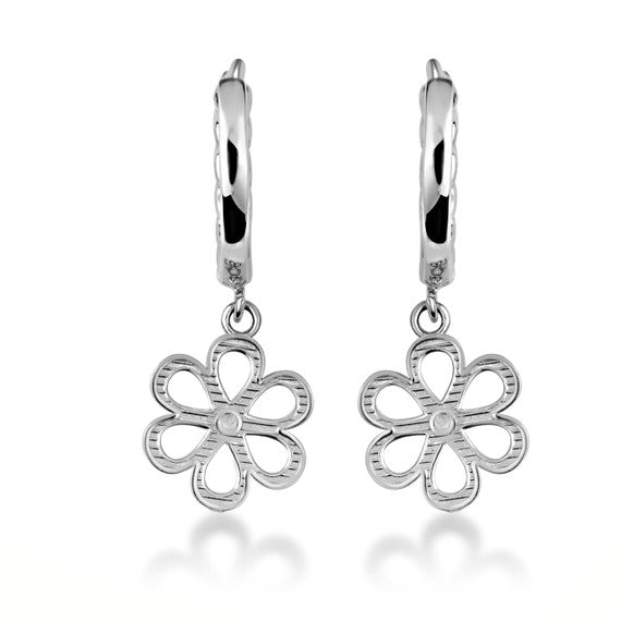 .925 Sterling Silver Daisy Flower Cuban Link Huggie Hoop Earrings