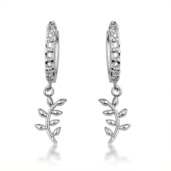 .925 Sterling Silver Olive Leaf Branch Cuban Link Huggie Hoop Earrings