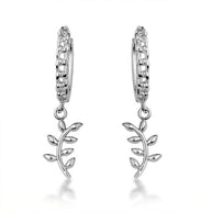 .925 Sterling Silver Olive Leaf Branch Cuban Link Huggie Hoop Earrings