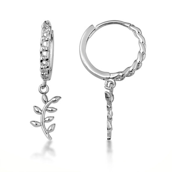 .925 Sterling Silver Olive Leaf Branch Cuban Link Huggie Hoop Earrings