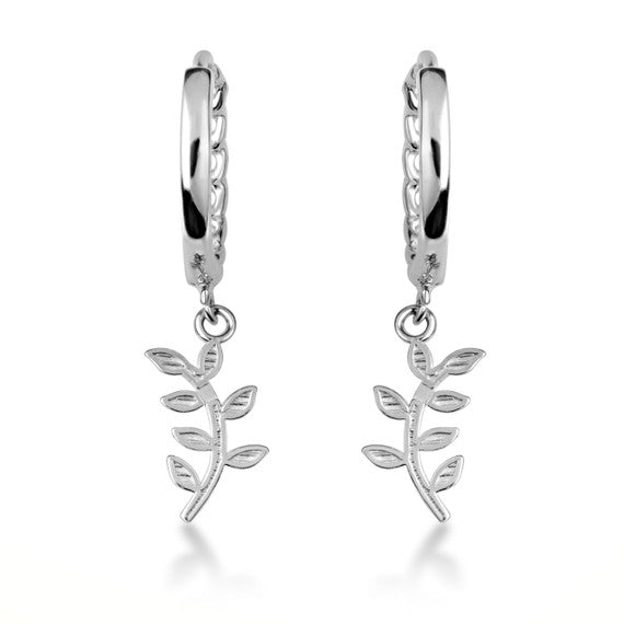 .925 Sterling Silver Olive Leaf Branch Cuban Link Huggie Hoop Earrings