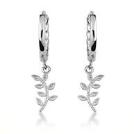.925 Sterling Silver Olive Leaf Branch Cuban Link Huggie Hoop Earrings
