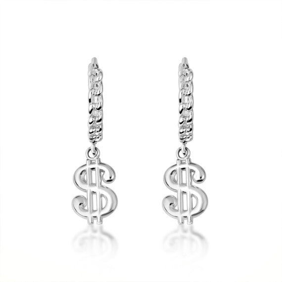 .925 Sterling Silver Dollar Sign Cuban Link Huggie Hoop Earrings