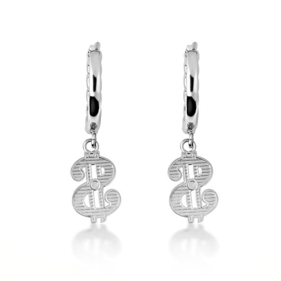 .925 Sterling Silver Dollar Sign Cuban Link Huggie Hoop Earrings