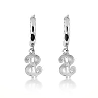 .925 Sterling Silver Dollar Sign Cuban Link Huggie Hoop Earrings