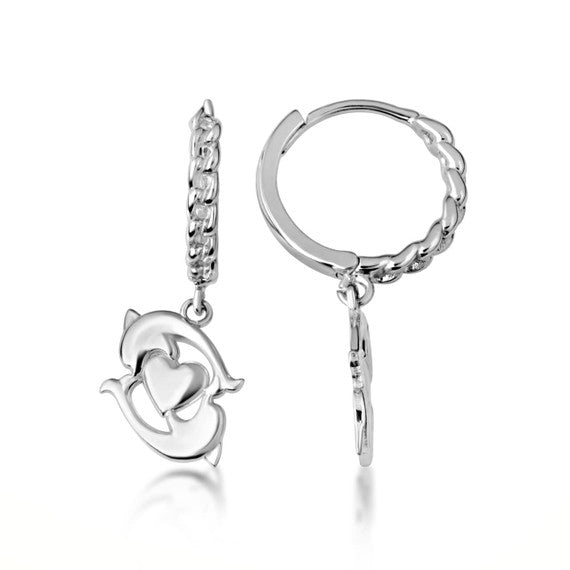.925 Sterling Silver Dolphin Heart Cuban Link Huggie Hoop Earrings