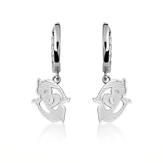 .925 Sterling Silver Dolphin Heart Cuban Link Huggie Hoop Earrings