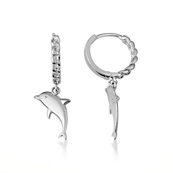 .925 Sterling Silver Marine Dolphin Cuban Link Huggie Hoop Earrings