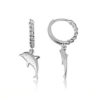 .925 Sterling Silver Marine Dolphin Cuban Link Huggie Hoop Earrings