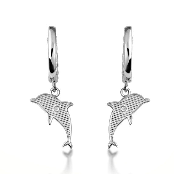 .925 Sterling Silver Marine Dolphin Cuban Link Huggie Hoop Earrings
