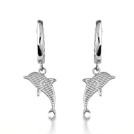 .925 Sterling Silver Marine Dolphin Cuban Link Huggie Hoop Earrings