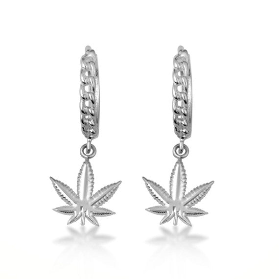 .925 Sterling Silver Marijuana Leaf Cannabis Cuban Link Huggie Hoop Earrings