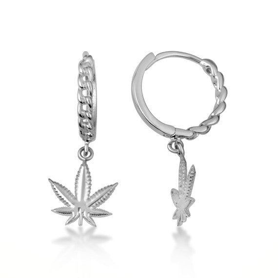 .925 Sterling Silver Marijuana Leaf Cannabis Cuban Link Huggie Hoop Earrings