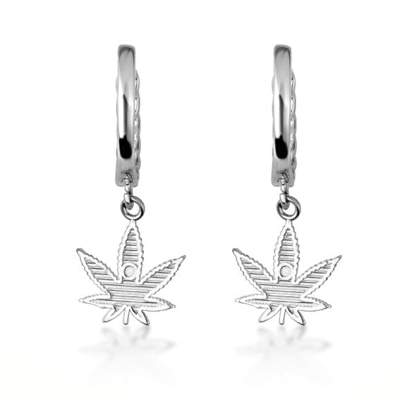 .925 Sterling Silver Marijuana Leaf Cannabis Cuban Link Huggie Hoop Earrings