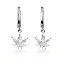 .925 Sterling Silver Marijuana Leaf Cannabis Cuban Link Huggie Hoop Earrings