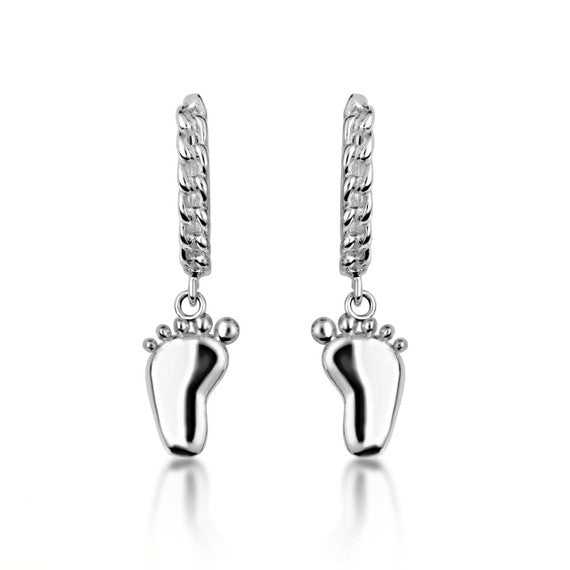 .925 Sterling Silver Baby Foot Print Cuban Link Huggie Hoop Earrings