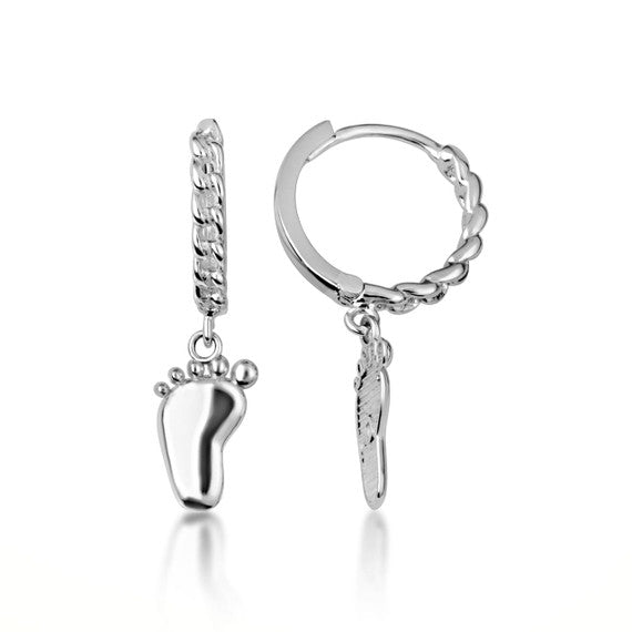 .925 Sterling Silver Baby Foot Print Cuban Link Huggie Hoop Earrings