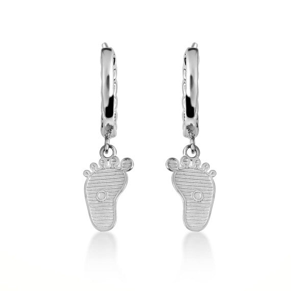 .925 Sterling Silver Baby Foot Print Cuban Link Huggie Hoop Earrings