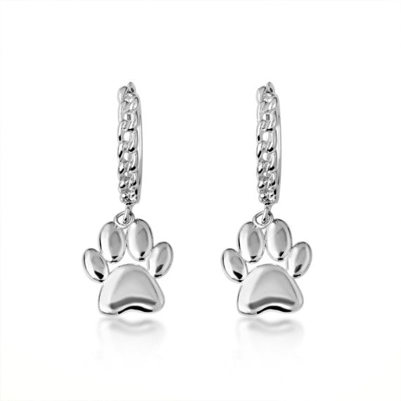 .925 Sterling Silver Dog Paw Print Cuban Link Huggie Hoop Earrings