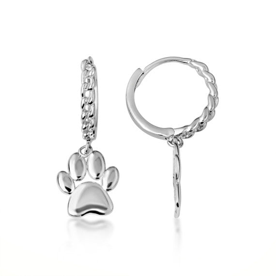 .925 Sterling Silver Dog Paw Print Cuban Link Huggie Hoop Earrings