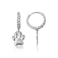 .925 Sterling Silver Dog Paw Print Cuban Link Huggie Hoop Earrings