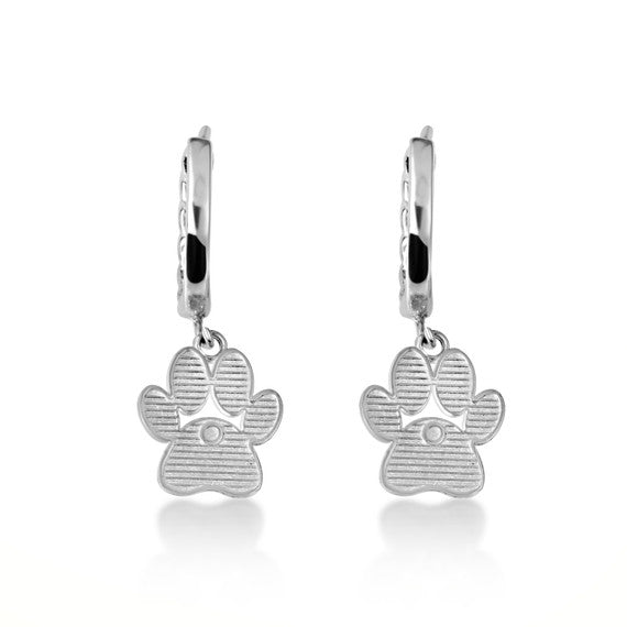 .925 Sterling Silver Dog Paw Print Cuban Link Huggie Hoop Earrings