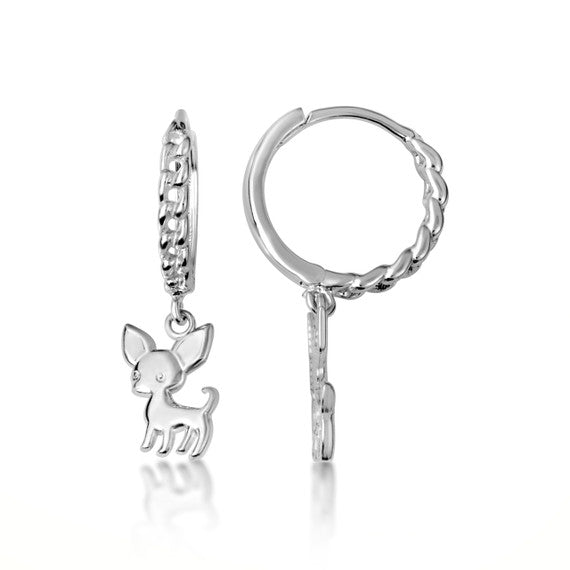 .925 Sterling Silver Chihuahua Pet Dog Cuban Link Huggie Hoop Earrings