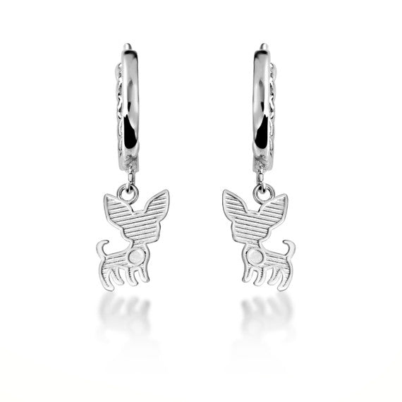 .925 Sterling Silver Chihuahua Pet Dog Cuban Link Huggie Hoop Earrings