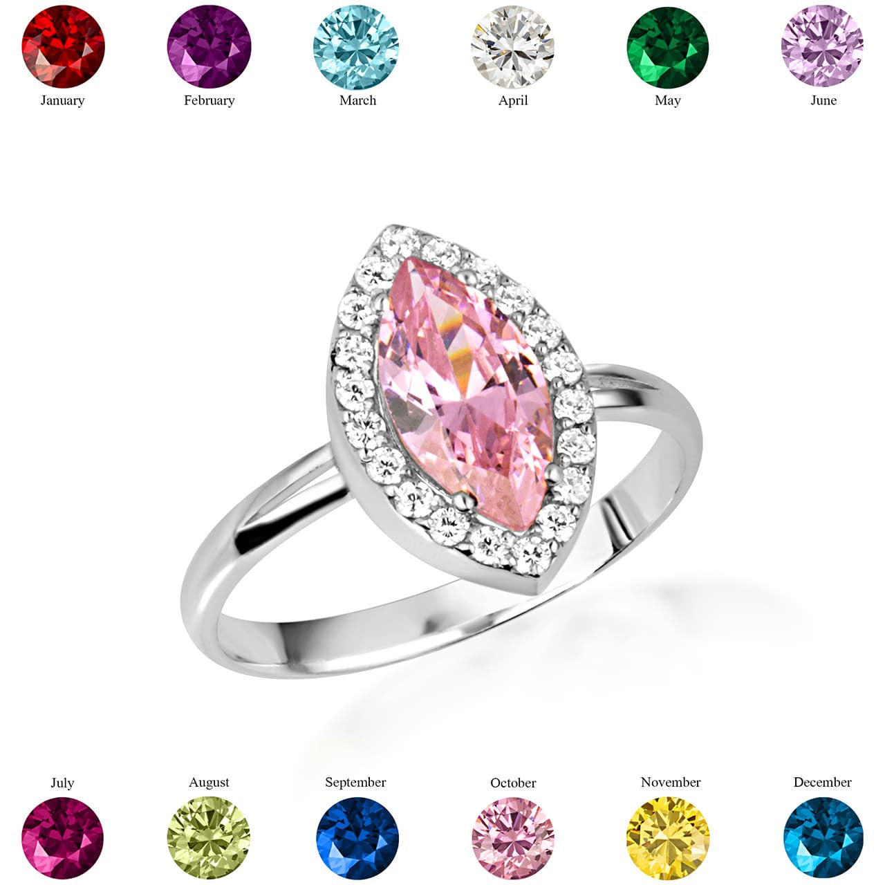 925 Sterling Silver Marquise Cut Birthstone Halo Ring