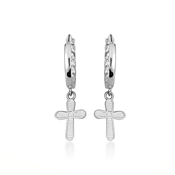 .925 Sterling Silver Cross Crucifix Jesus Christ Milgrain Cuban Link Huggie Hoop Earrings
