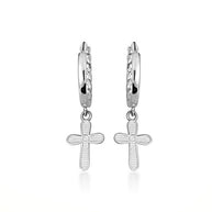 .925 Sterling Silver Cross Crucifix Jesus Christ Milgrain Cuban Link Huggie Hoop Earrings