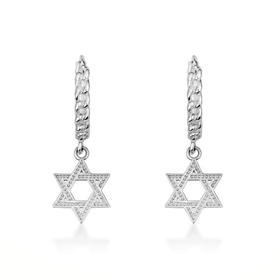 .925 Sterling Silver Jewish Star Of David Textured Cuban Link Huggie Hoop Earrings