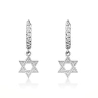.925 Sterling Silver Jewish Star Of David Textured Cuban Link Huggie Hoop Earrings