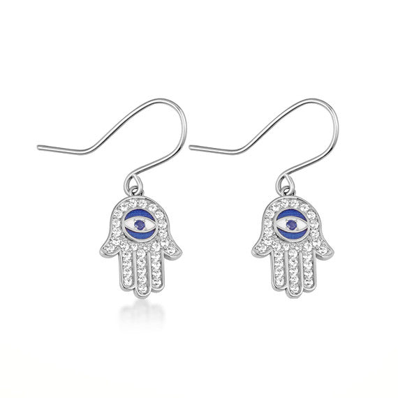 .925 Sterling Silver Enamel Cubic Zirconia Studded Hamsa Hand Evil Eye Of Protection Leverback Earrings