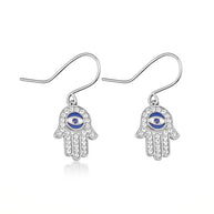 .925 Sterling Silver Enamel Cubic Zirconia Studded Hamsa Hand Evil Eye Of Protection Leverback Earrings