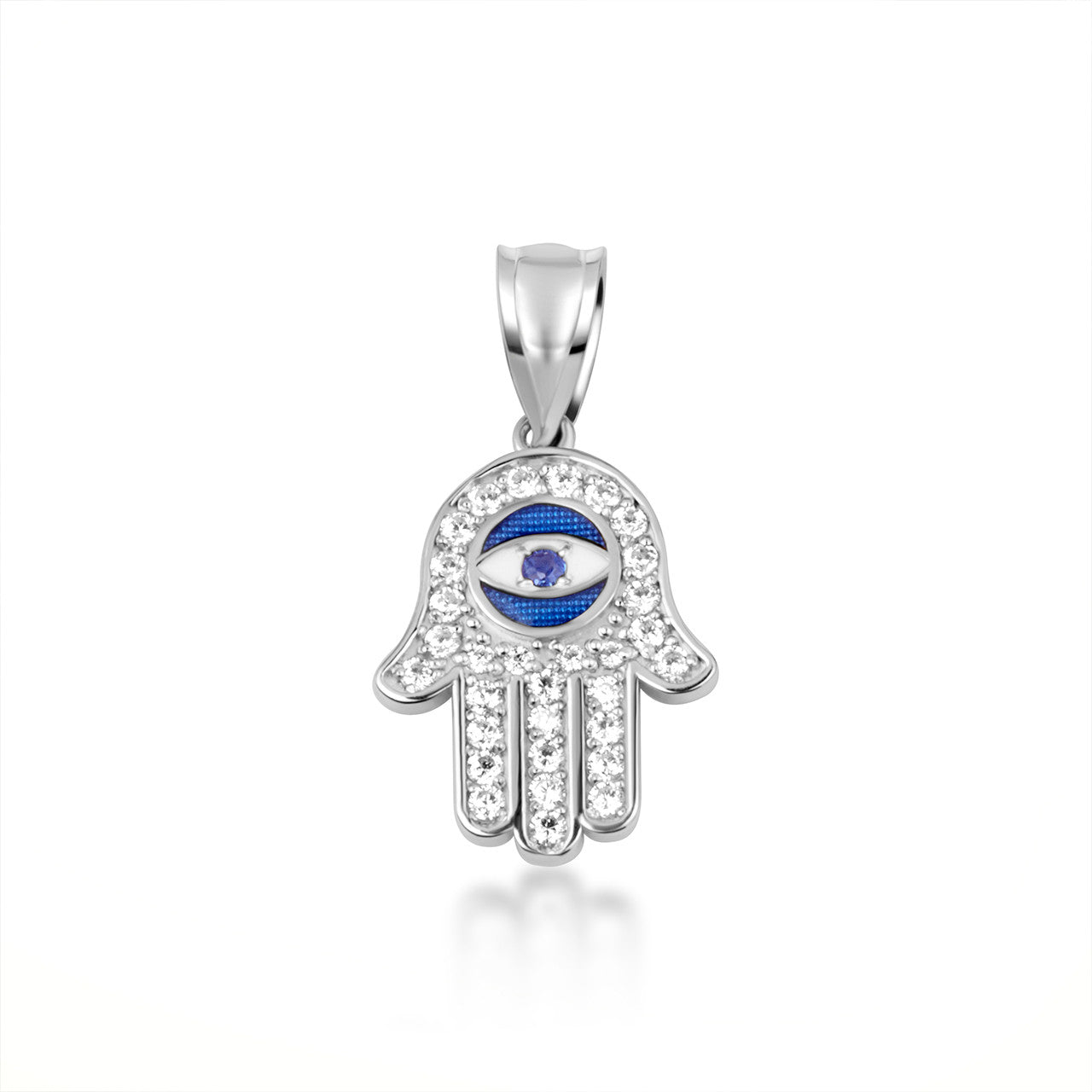 Gold Enamel Cubic Zirconia Studded Hamsa Hand Evil Eye Of Protection Pendant Necklace (Available in Yellow/Rose/White Gold)