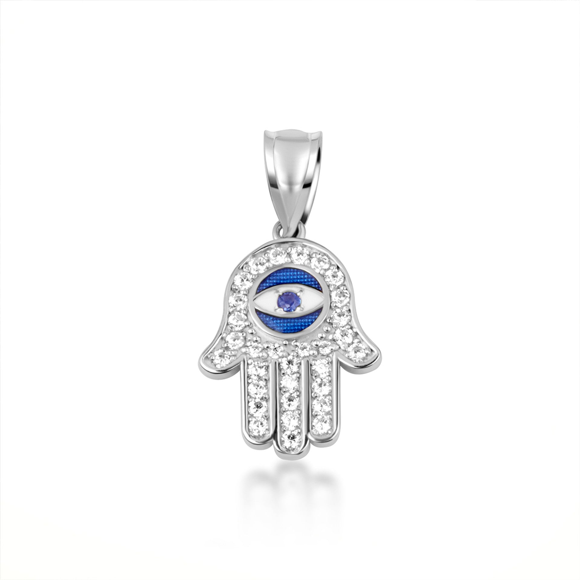 .925 Sterling Silver Enamel Cubic Zirconia Studded Hamsa Hand Evil Eye Of Protection Pendant Necklace