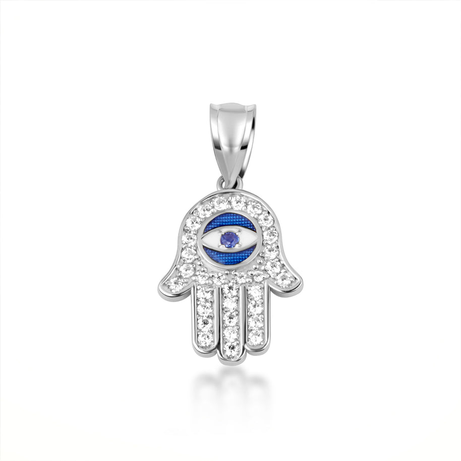 .925 Sterling Silver Enamel Cubic Zirconia Studded Hamsa Hand Evil Eye Of Protection Pendant Necklace