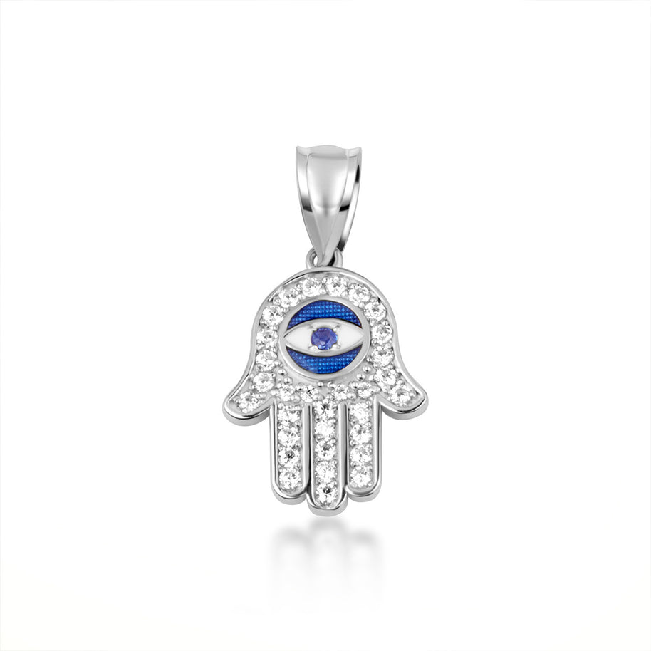 .925 Sterling Silver Enamel Cubic Zirconia Studded Hamsa Hand Evil Eye Of Protection Pendant Necklace