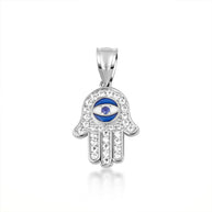.925 Sterling Silver Enamel Cubic Zirconia Studded Hamsa Hand Evil Eye Of Protection Pendant Necklace