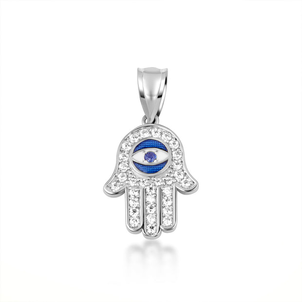 .925 Sterling Silver Enamel Cubic Zirconia Studded Hamsa Hand Evil Eye Of Protection Pendant Necklace